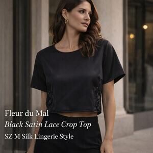Fleur du Mal Black Satin Lace Crop Top SZ M Lingerie Style